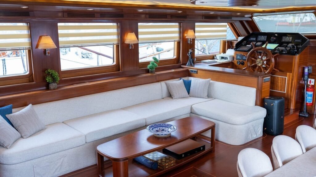 Main salon with rich mahogany panelling, plush sofas and helm station