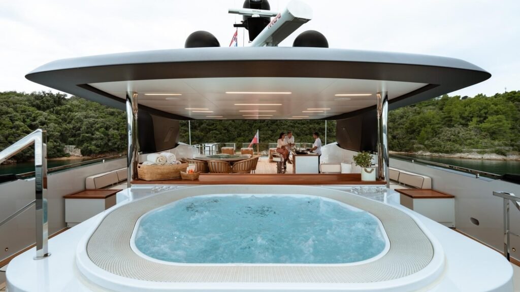 50m charter yacht near Lerins Islands, exterior profile at anchor