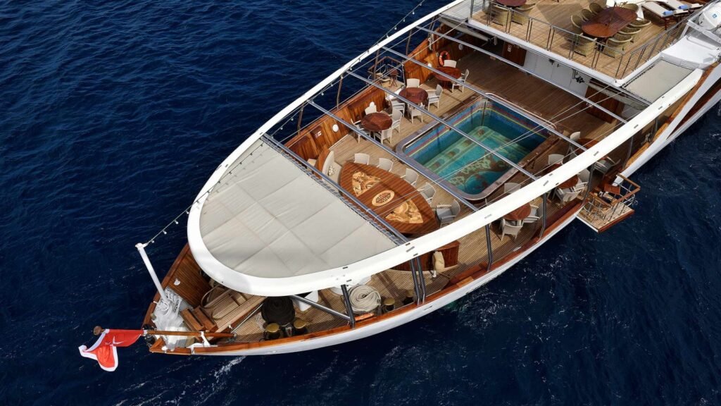 Christina O aerial view of the aft deck mosaic pool