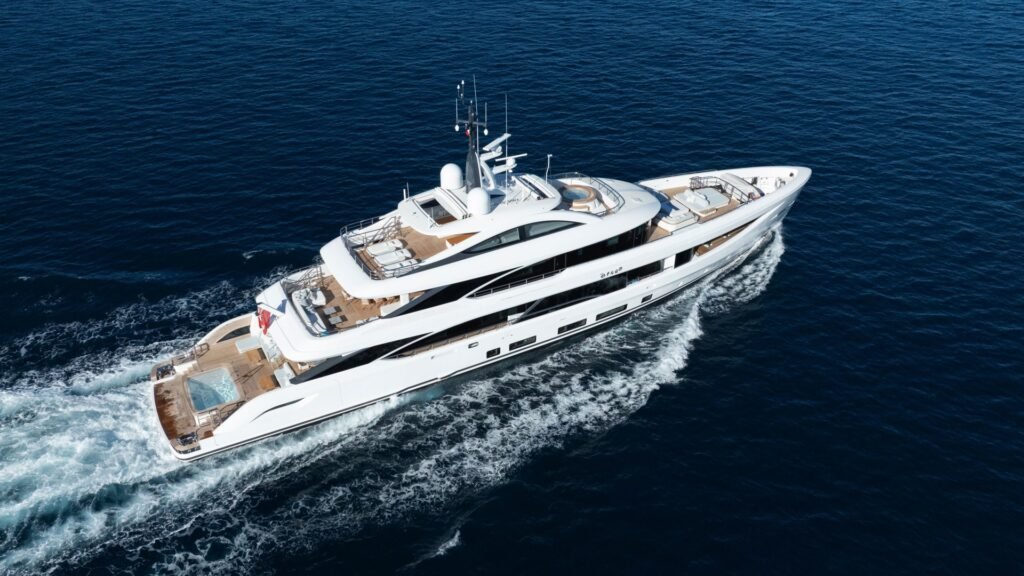 50m charter yacht exterior profile at anchor