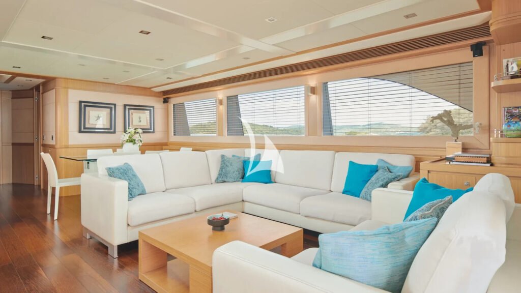FRIEND'S BOAT - main salon with pale oak and teal accents