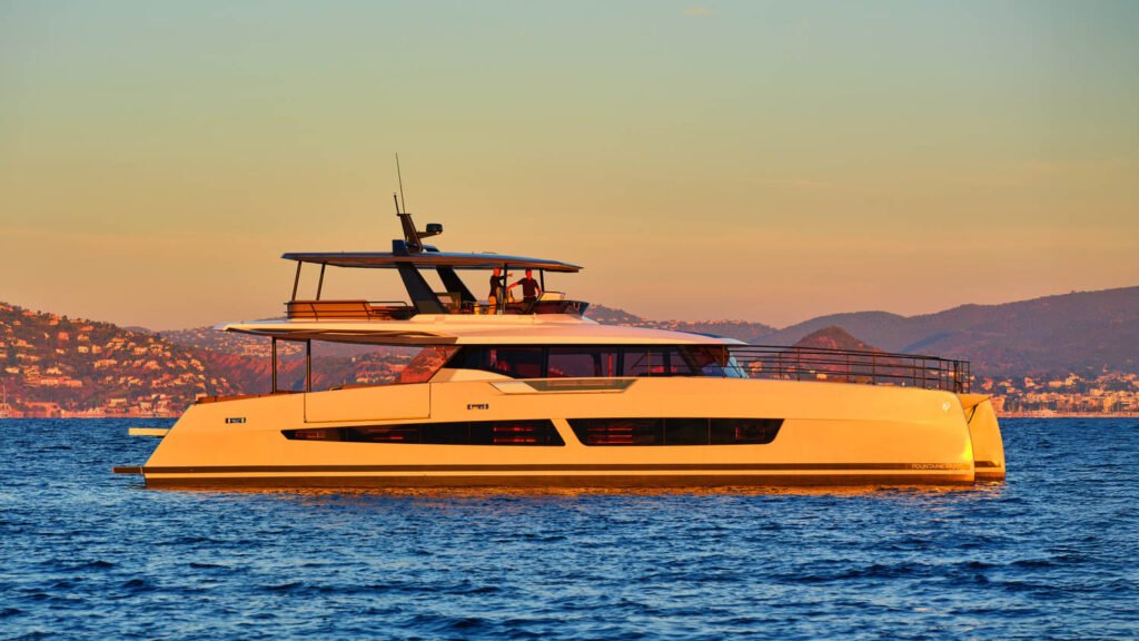 Valencia charter yacht, sun deck and forward profile