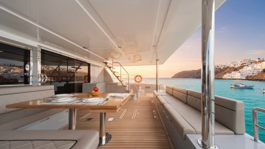 Aft deck dining on board ANDARE OLTRE
