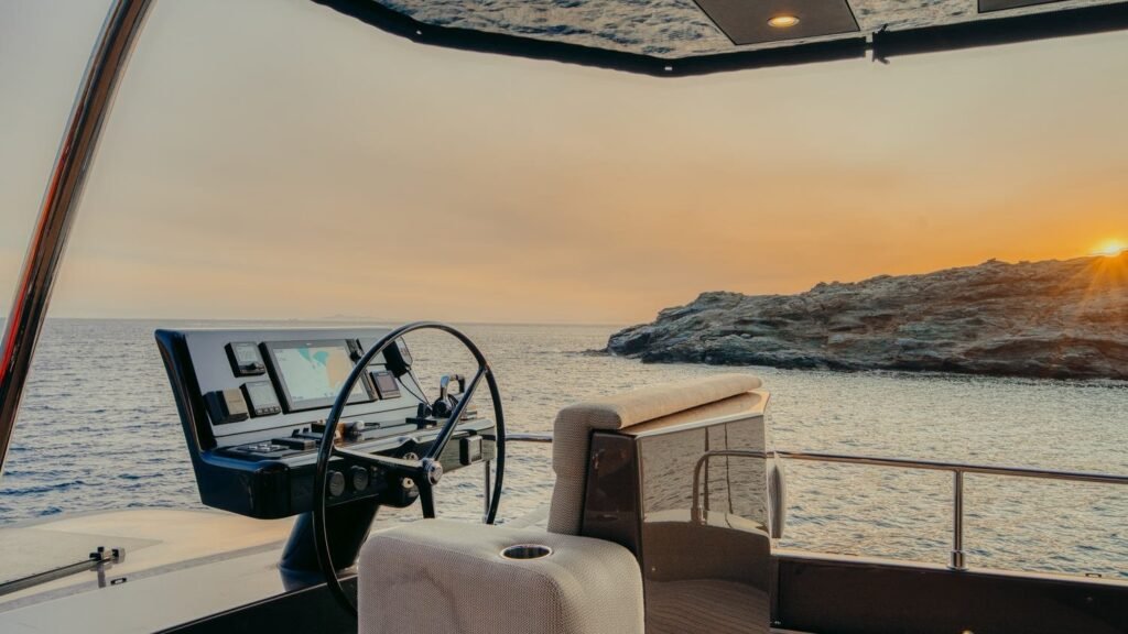 Honeymoon interior helm station at sunset