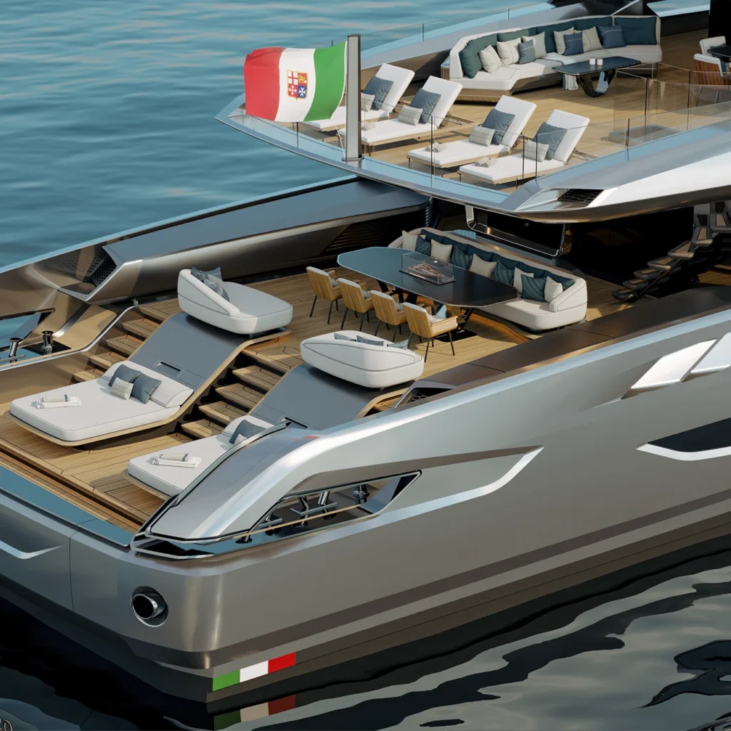 Baglietto FAST50 two-level stern beach club with fold-down bulwarks