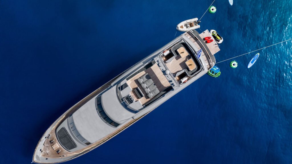 SATORI motor yacht - aerial profile at anchor